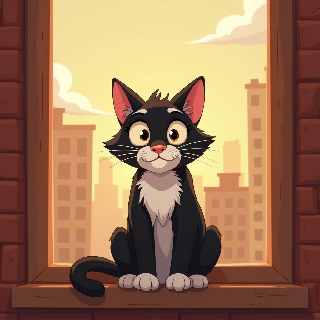 Bandit, a regal elder tuxedo cat in a warm top-floor window