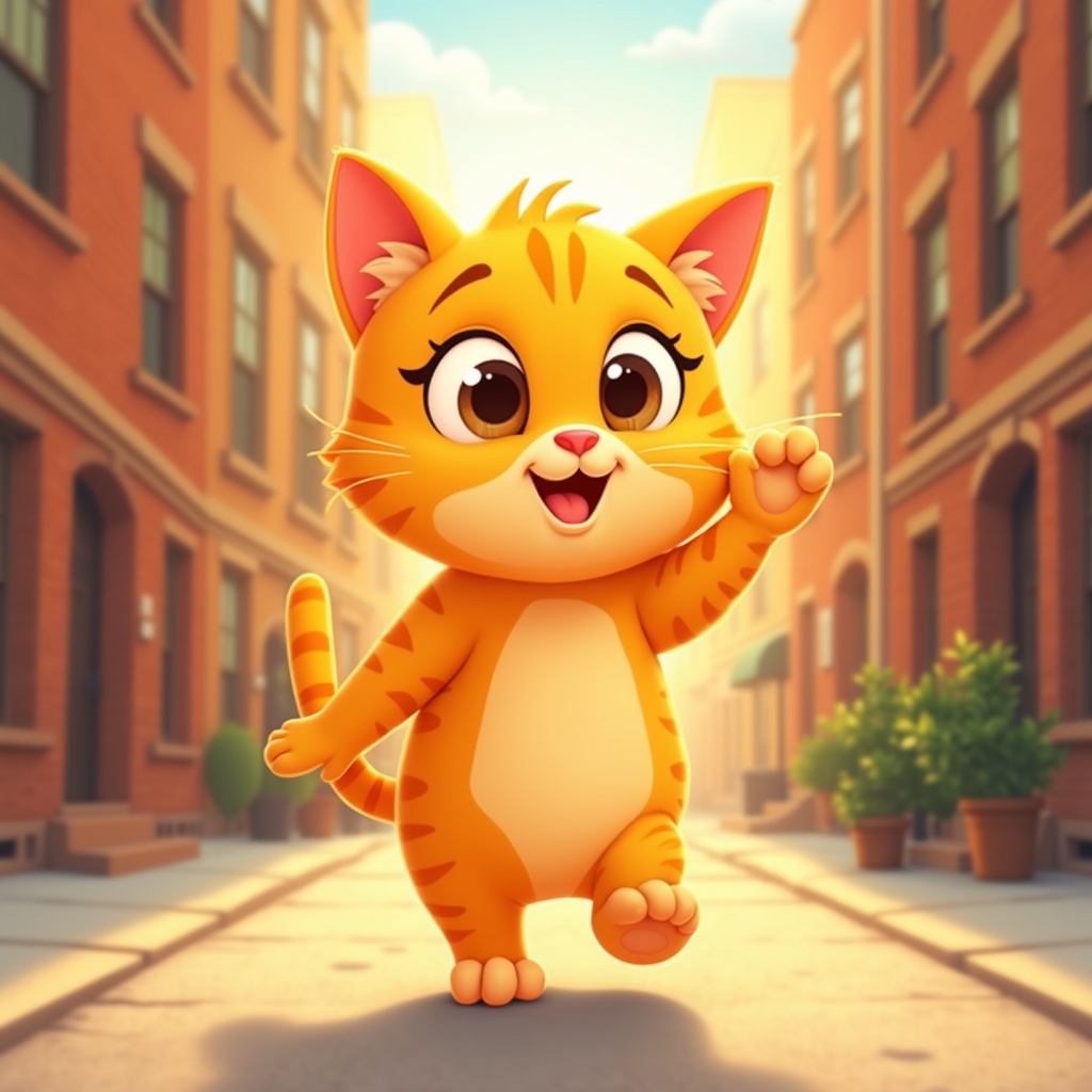 Honey, a golden tabby cat with a radiant smile, waving hello