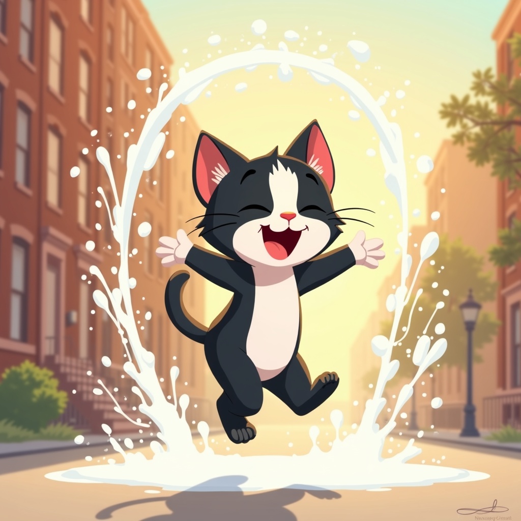 Luna, a joyful tuxedo cat leaping through fire hydrant spray
