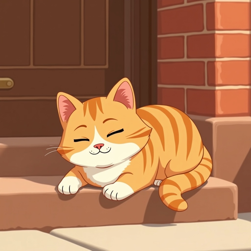 RyCat, a beige tabby cat with a white chest, dozing on the stoop