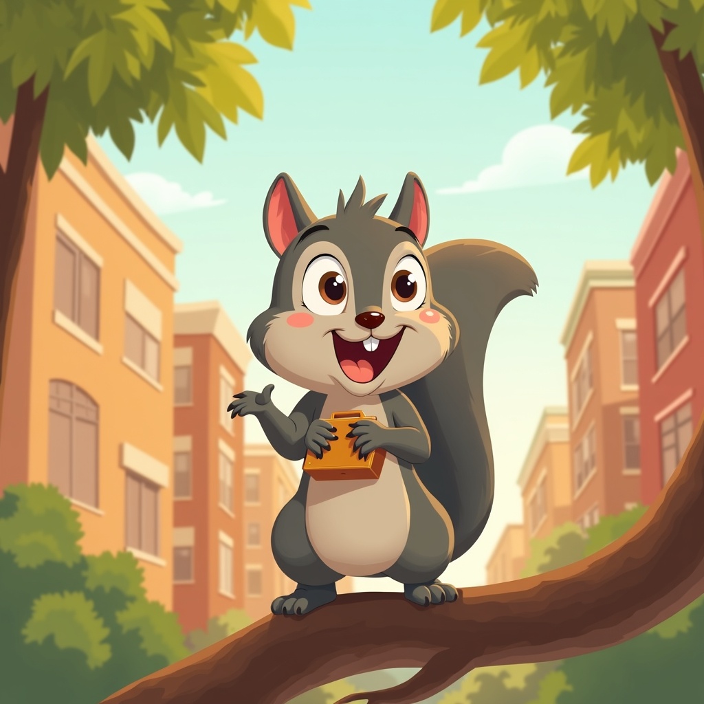 Skitz, a wide-eyed gray squirrel carrying a matchbox like a suitcase