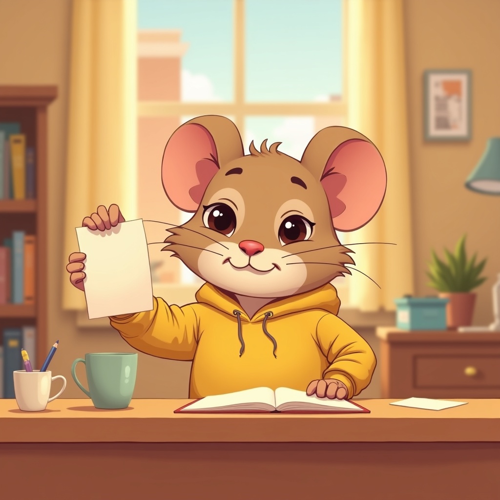 Static, a deadpan little mouse at a matchstick desk holding up a card
